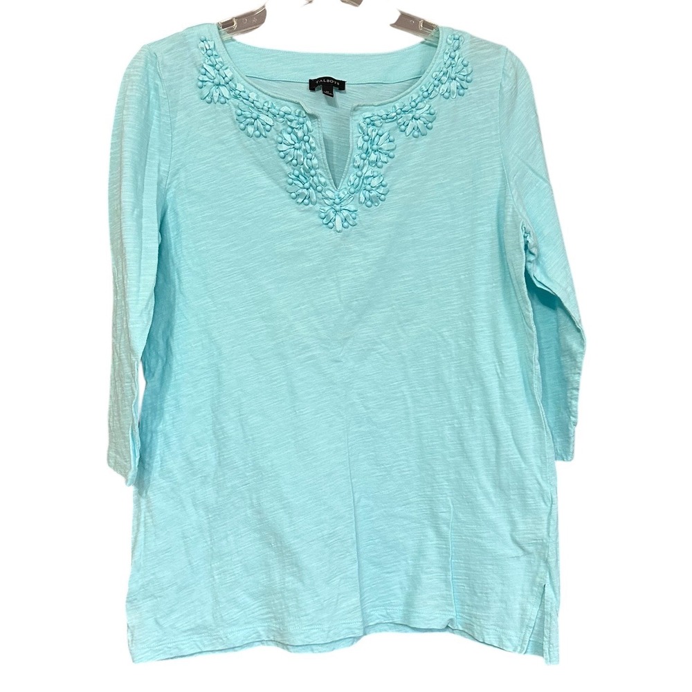 Talbots Aqua Blue Slub Cotton Floral Applique Split Neck Top Size M Maximalism
